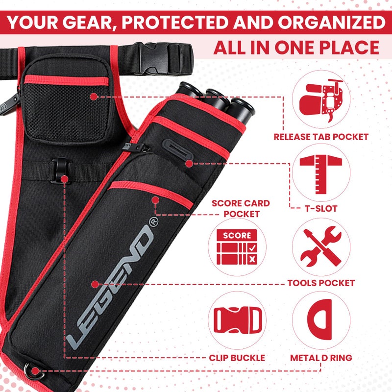 Legend حقيبة رماية السهام ليجند فيرست - حقائب رماية مستهدفة لليد اليمنى مع حزام قابل للتعديل و 3 أنابيب للسهام - فتحة T متينة و جيوب تخزين للإكسسوارات و بطاقة النتائج - أسود/أحمر - Image 4